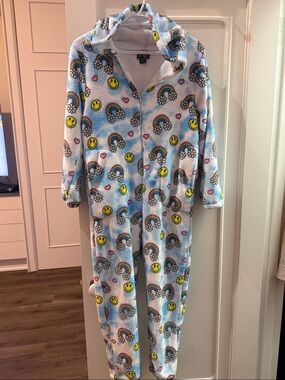 Kids Blue Rainbow & Smiley Fleece One-Piece Pajamas
